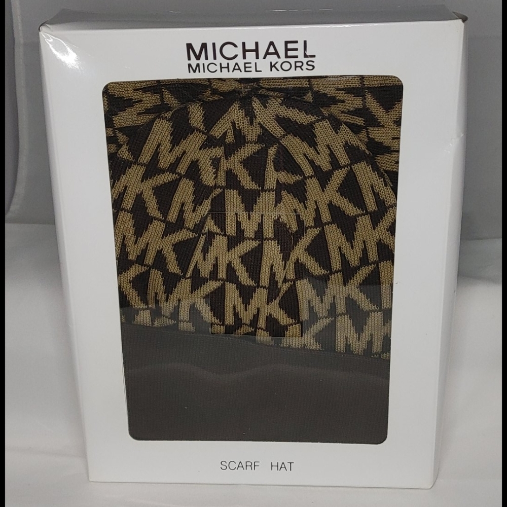 New Michael Kors Brown And Tan Scarf And Hat